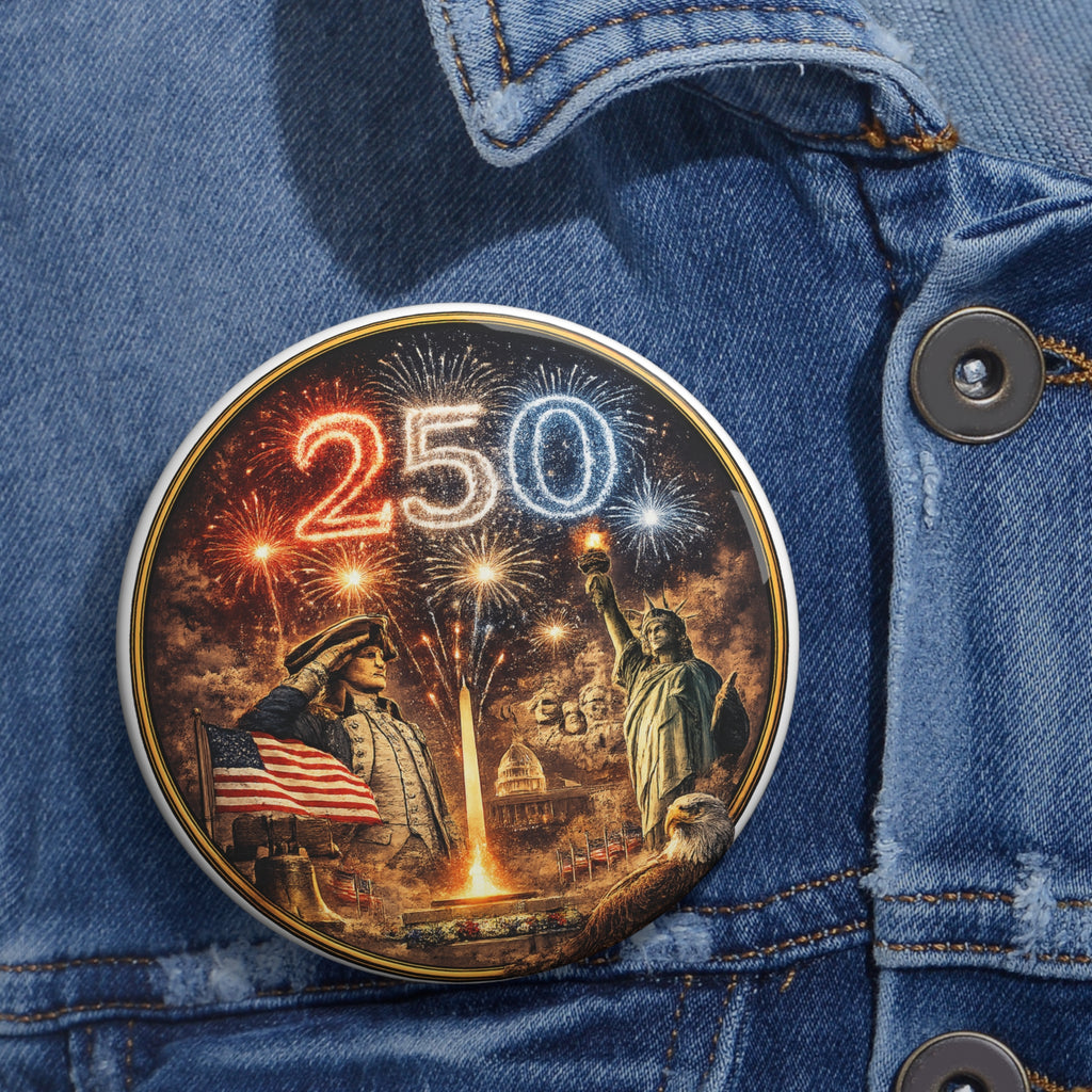 250th Anniversary USA Celebration Pin Button — Patriotic Statue of Liberty & Fireworks