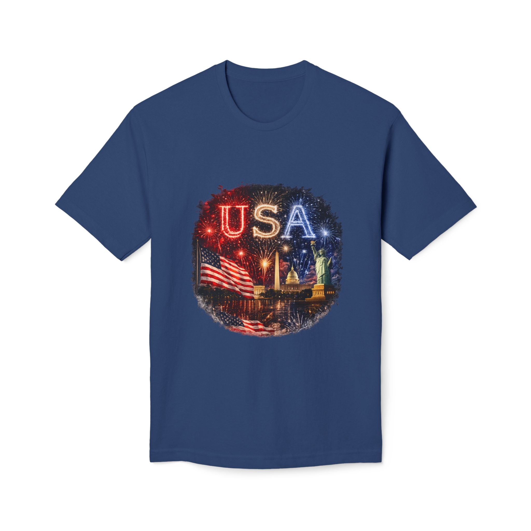 USA Fireworks T-Shirt — American Flag & Statue of Liberty Fourth of July Tee