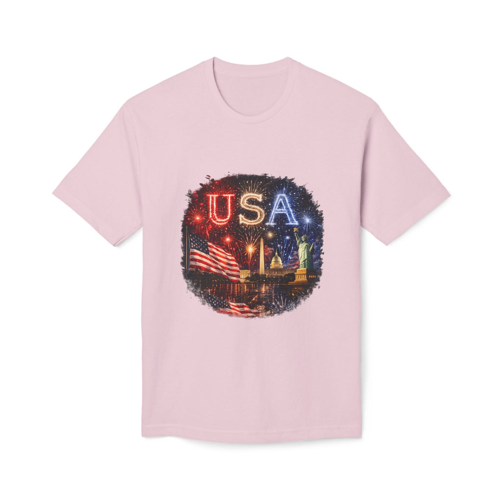 USA Fireworks T-Shirt — American Flag & Statue of Liberty Fourth of July Tee