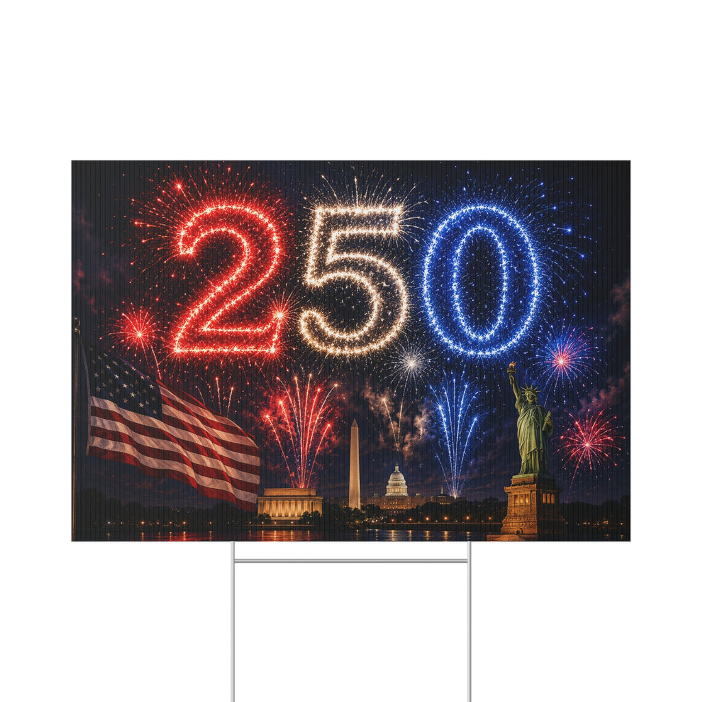250th Anniversary Patriotic Lawn Sign — American Flag, Fireworks & Statue of Liberty