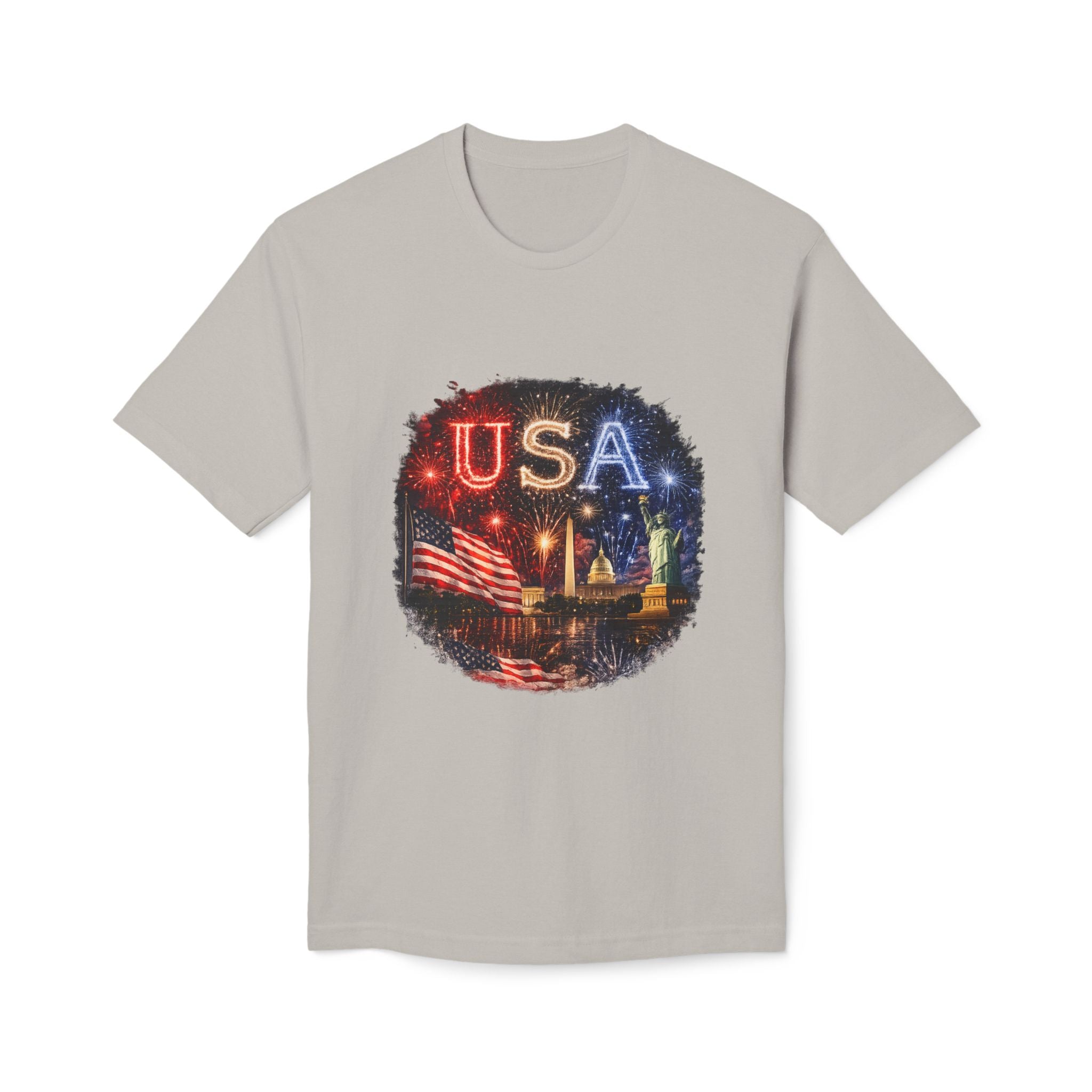 USA Fireworks T-Shirt — American Flag & Statue of Liberty Fourth of July Tee