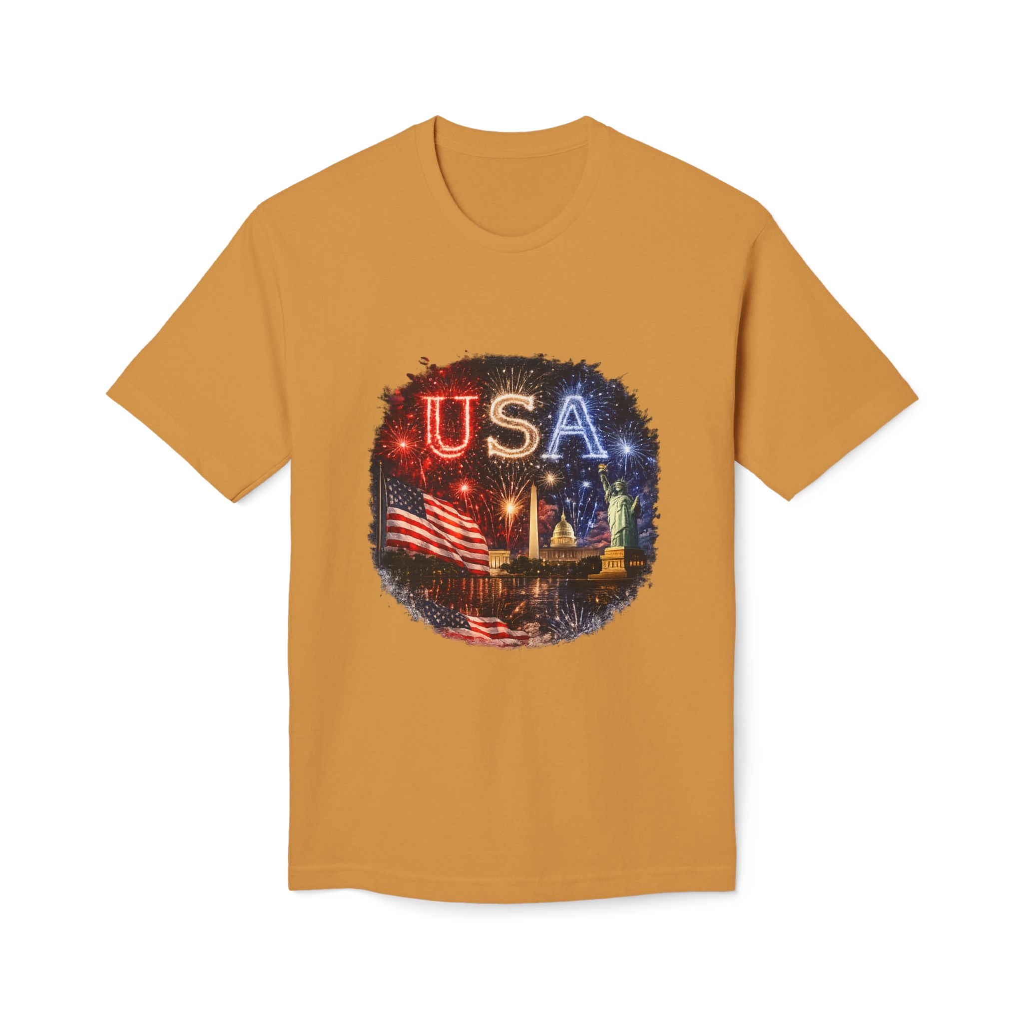USA Fireworks T-Shirt — American Flag & Statue of Liberty Fourth of July Tee