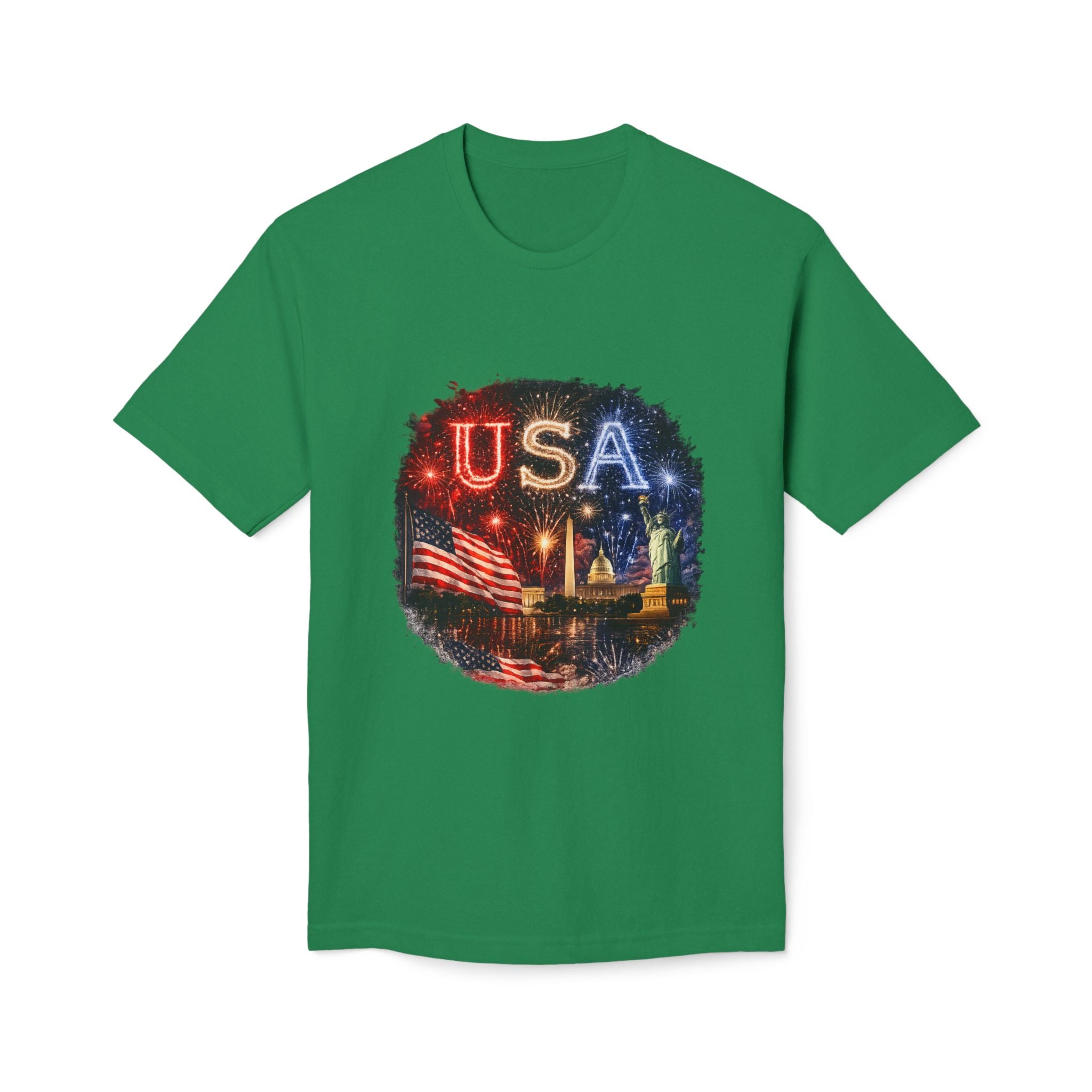 USA Fireworks T-Shirt — American Flag & Statue of Liberty Fourth of July Tee