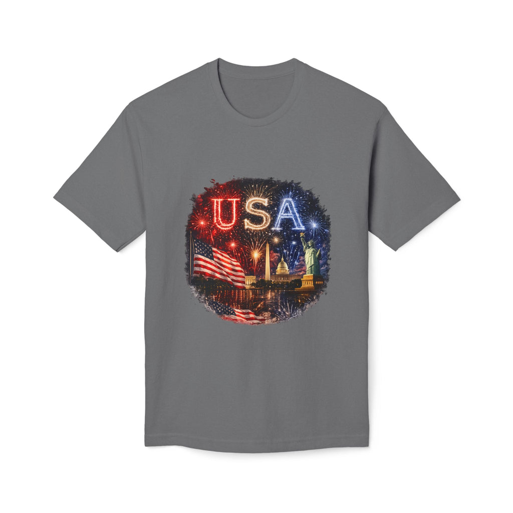USA Fireworks T-Shirt — American Flag & Statue of Liberty Fourth of July Tee
