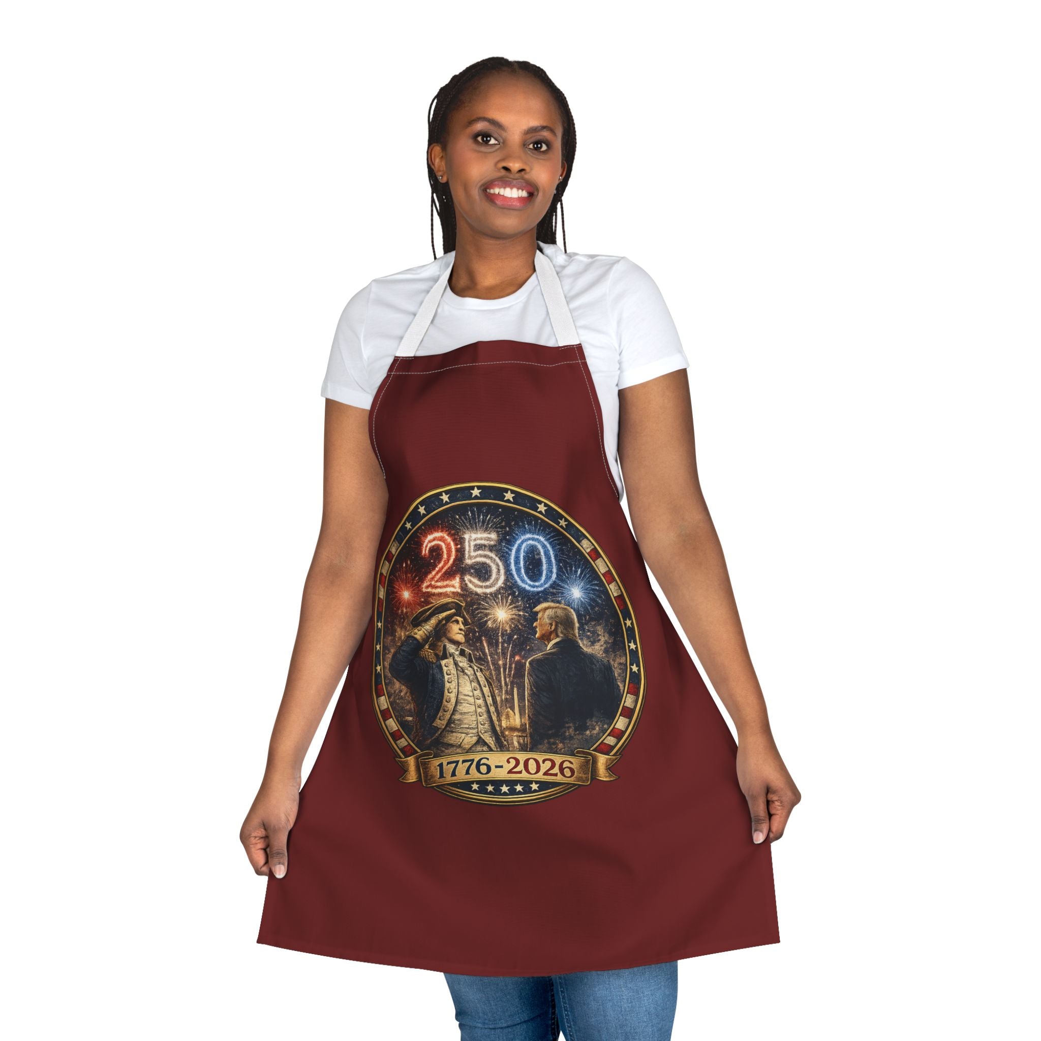 250th Anniversary Apron — 1776–2026 Patriotic Fireworks Kitchen Apron