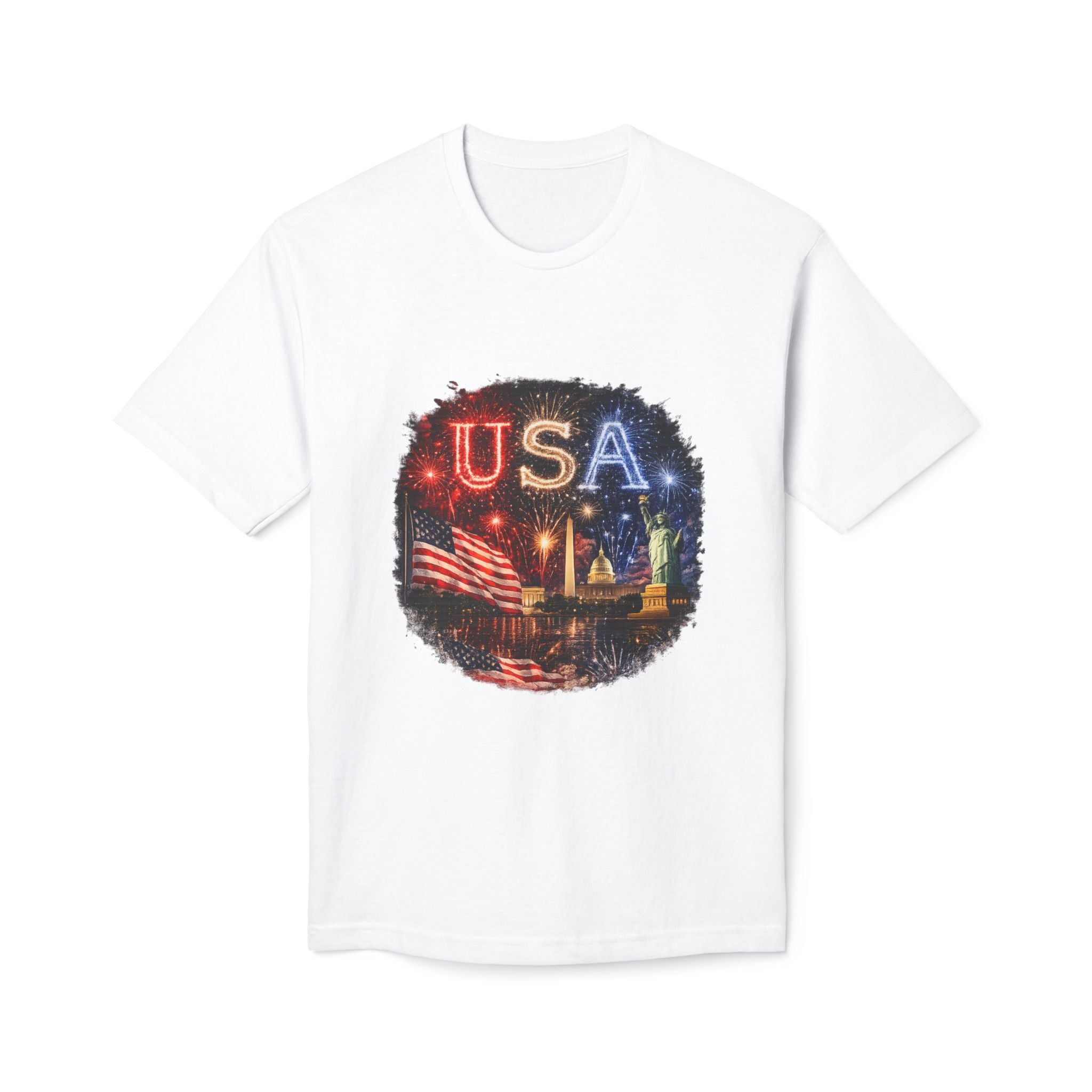 USA Fireworks T-Shirt — American Flag & Statue of Liberty Fourth of July Tee