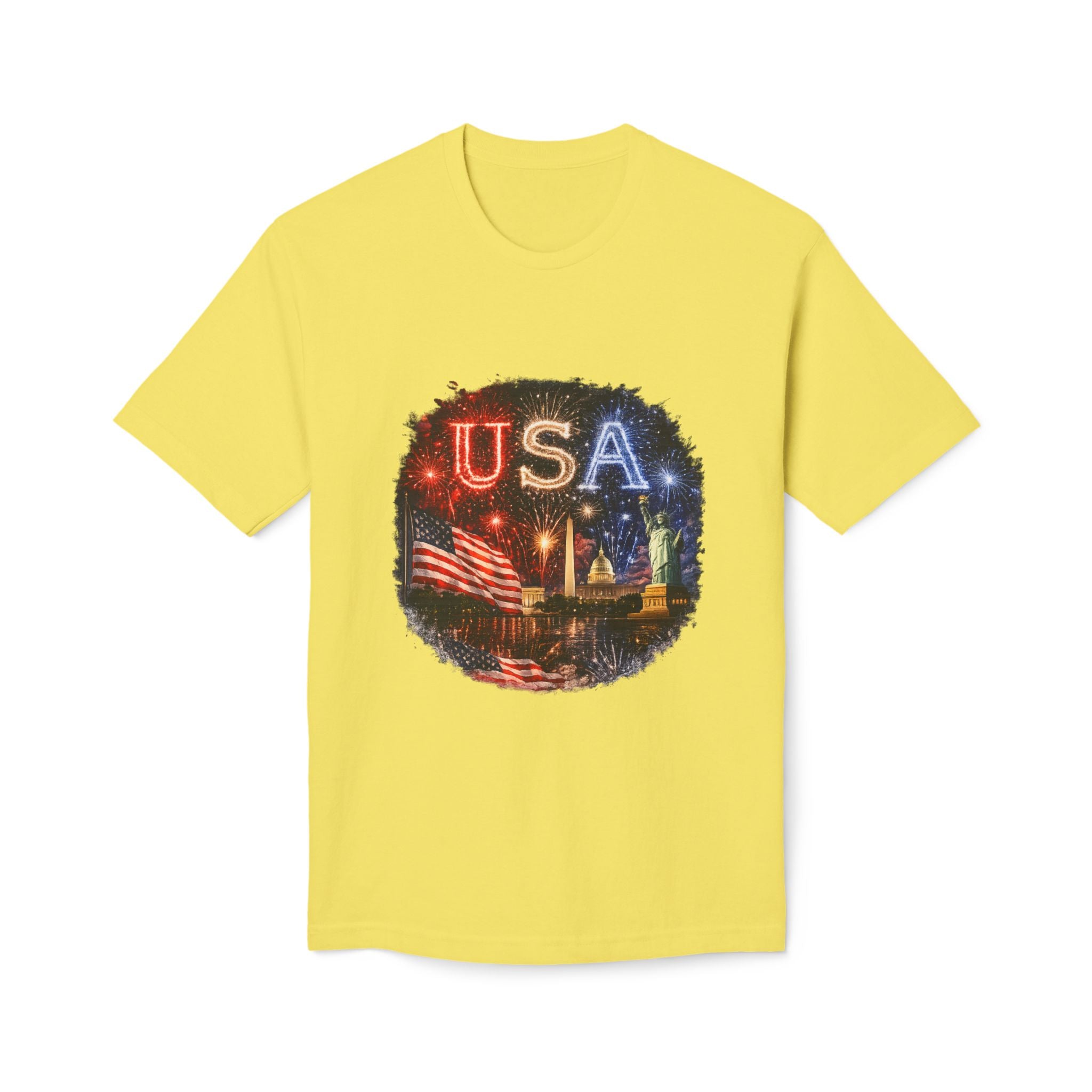 USA Fireworks T-Shirt — American Flag & Statue of Liberty Fourth of July Tee