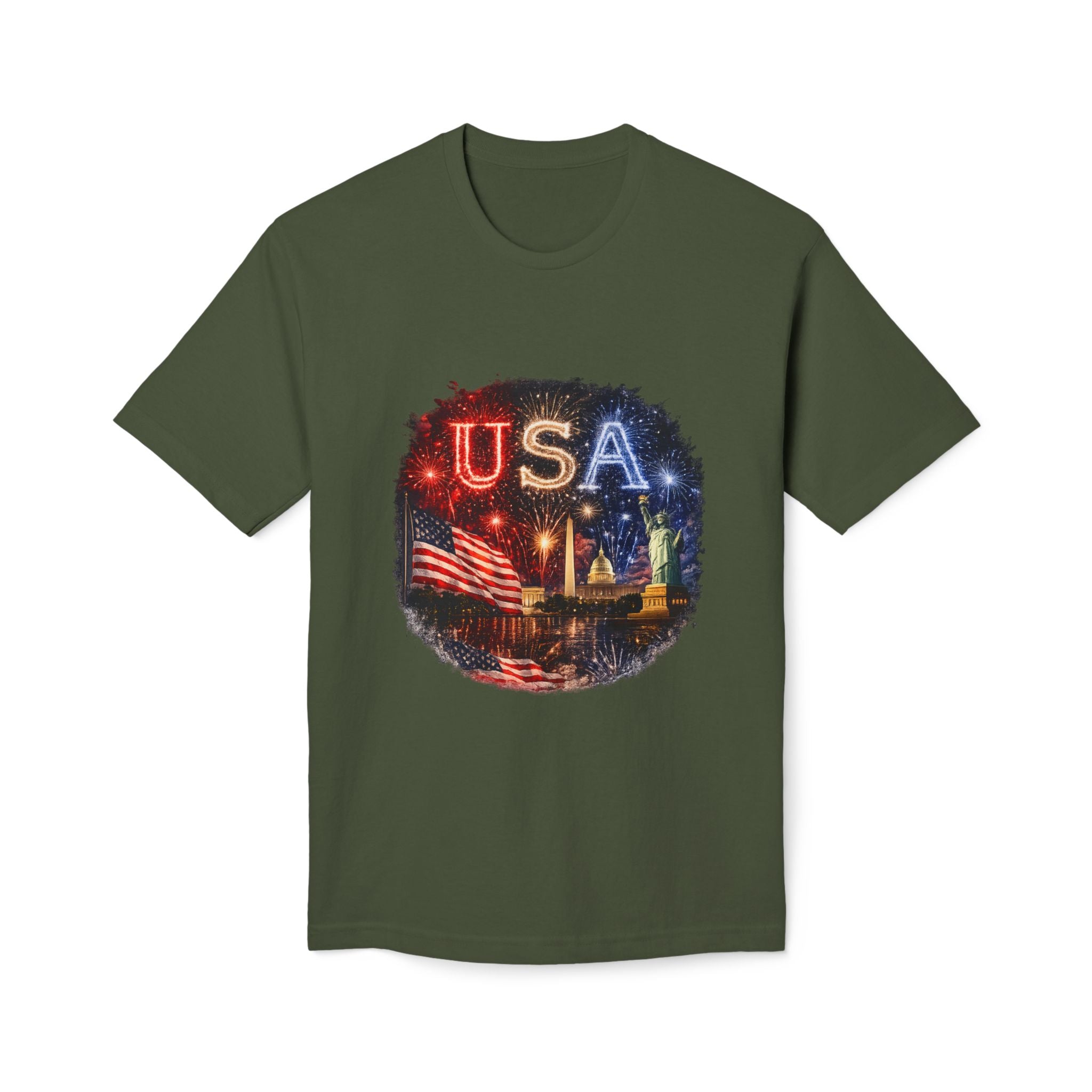 USA Fireworks T-Shirt — American Flag & Statue of Liberty Fourth of July Tee