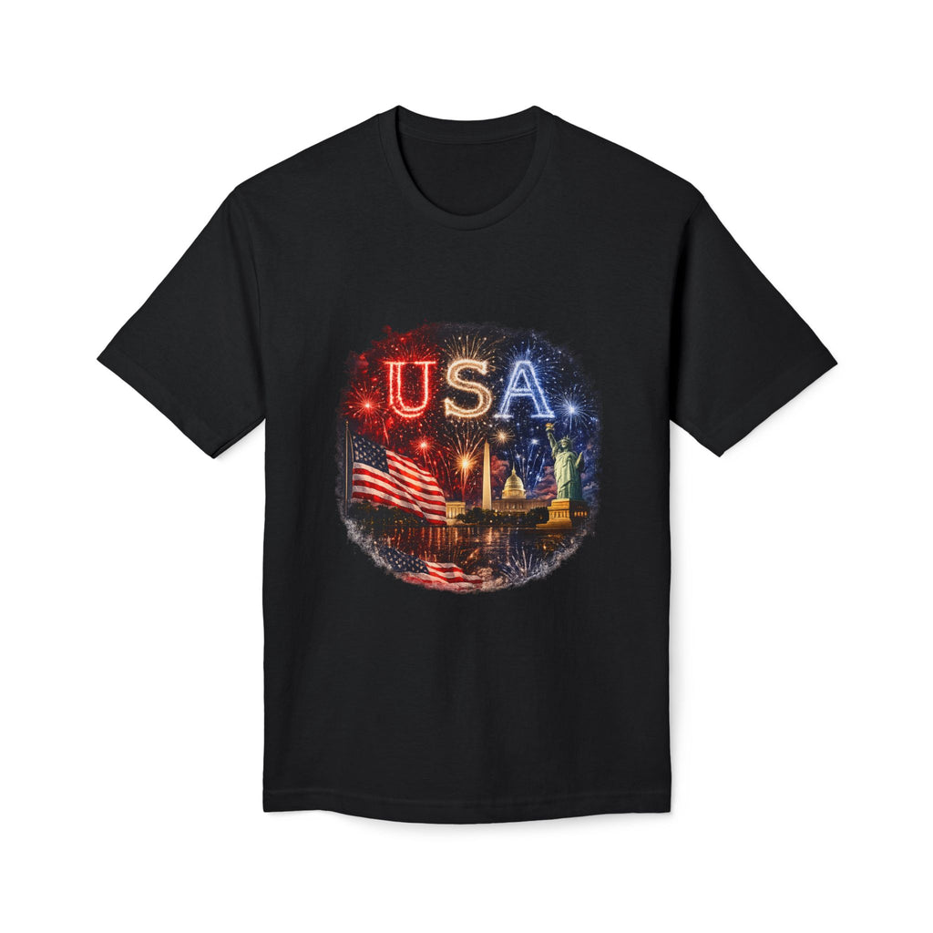 USA Fireworks T-Shirt — American Flag & Statue of Liberty Fourth of July Tee